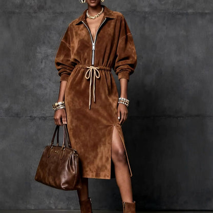 Suede Half Zip Midi Dress