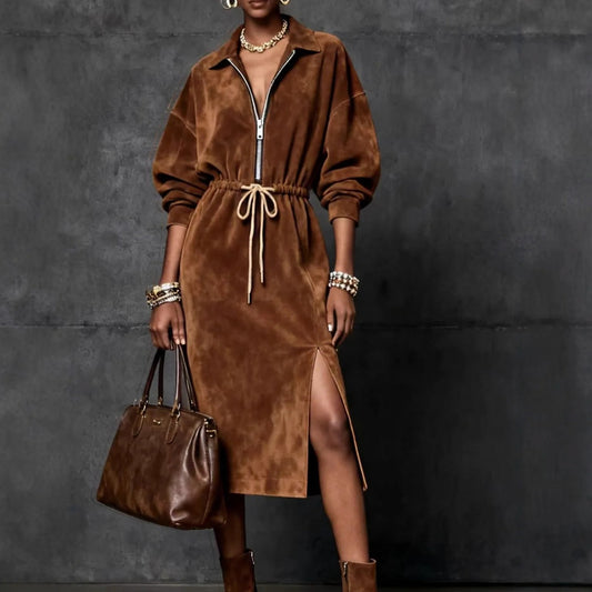 Suede Half Zip Midi Dress