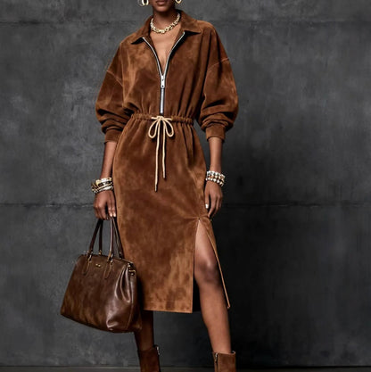 Suede Half Zip Midi Dress