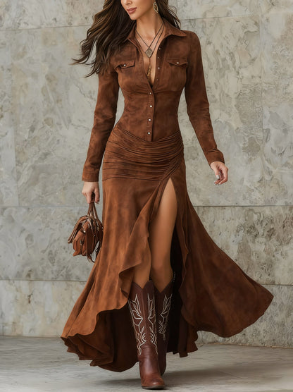 Suede Long Sleeve Maxi Dress