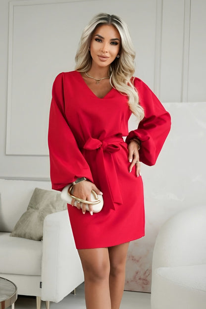 Tie Waist Long Balloon Sleeve Mini Dress