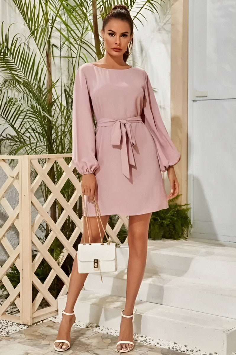 Tie Waist Long Balloon Sleeve Mini Dress
