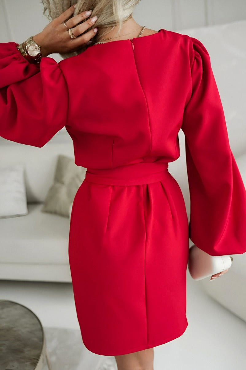 Tie Waist Long Balloon Sleeve Mini Dress