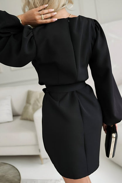 Tie Waist Long Balloon Sleeve Mini Dress