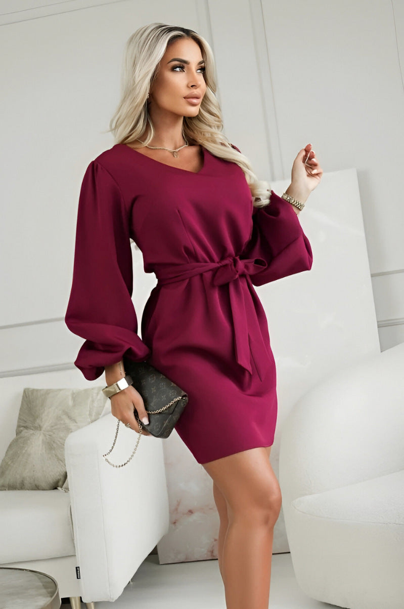 Tie Waist Long Balloon Sleeve Mini Dress