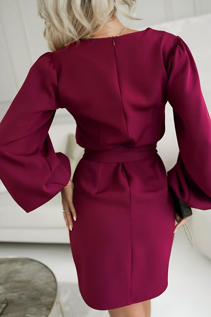 Tie Waist Long Balloon Sleeve Mini Dress