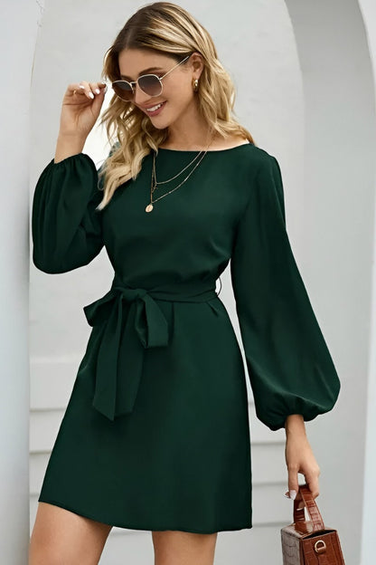 Tie Waist Long Balloon Sleeve Mini Dress