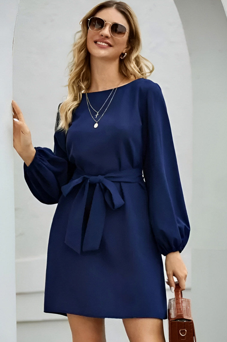 Tie Waist Long Balloon Sleeve Mini Dress