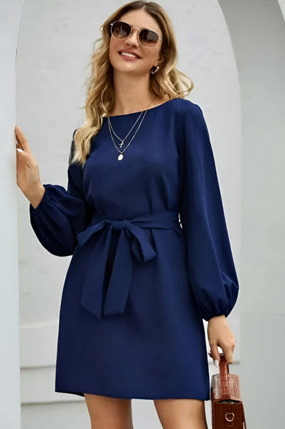 Tie Waist Long Balloon Sleeve Mini Dress