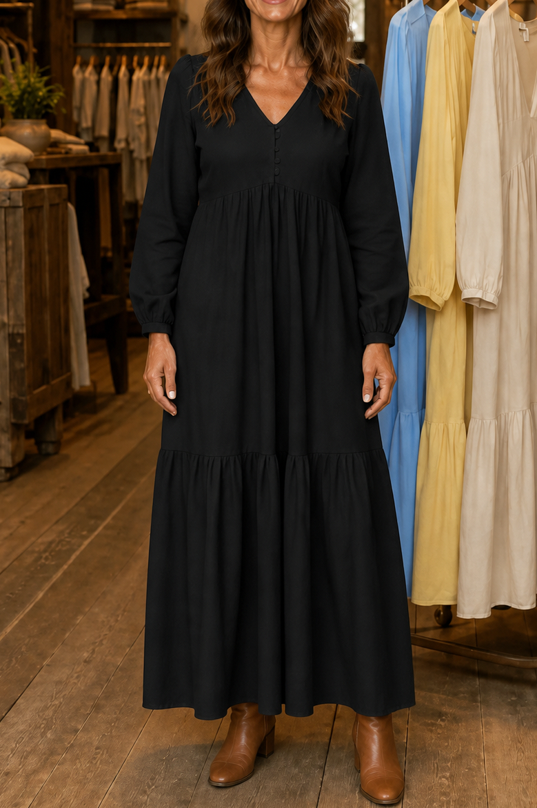 Tiered Long Sleeve Babydoll Maxi Dress