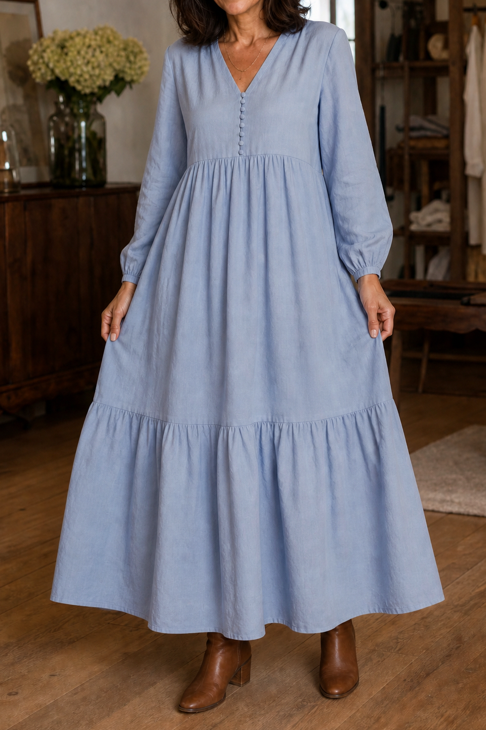 Tiered Long Sleeve Babydoll Maxi Dress