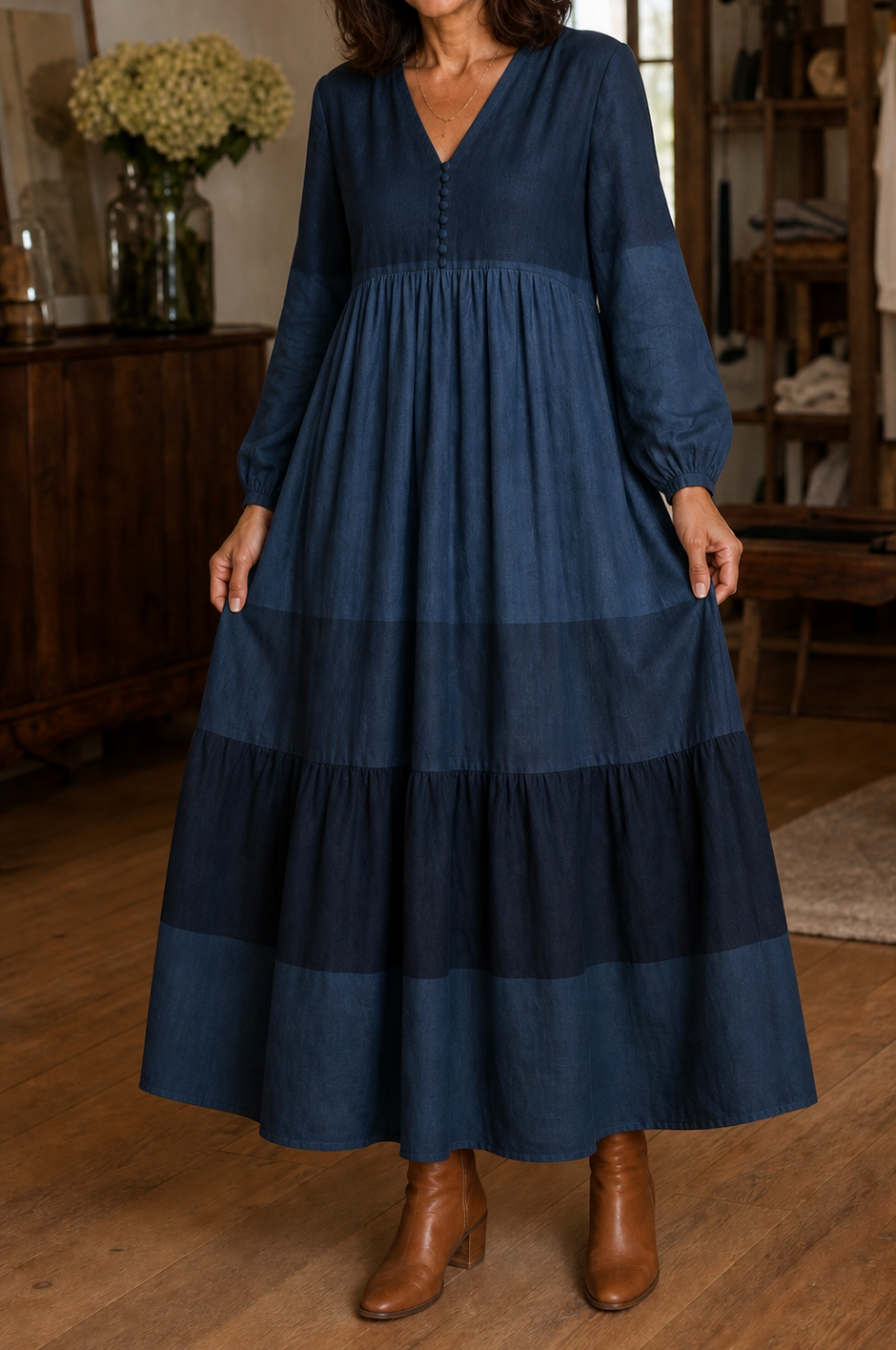 Tiered Long Sleeve Babydoll Maxi Dress