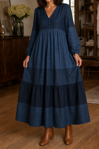 Tiered Long Sleeve Babydoll Maxi Dress