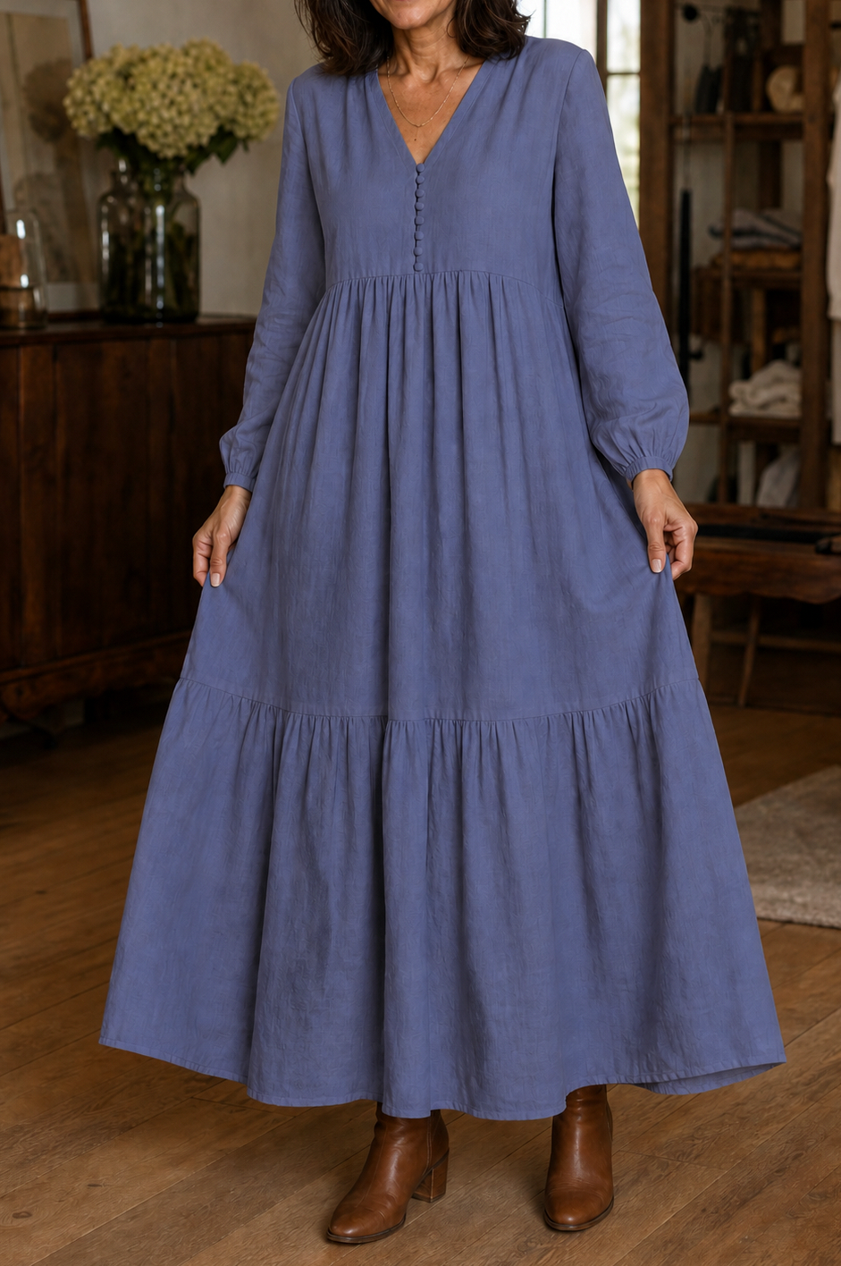 Tiered Long Sleeve Babydoll Maxi Dress