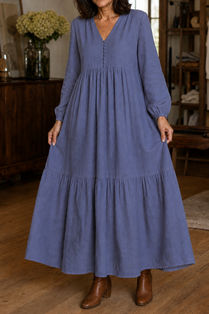 Tiered Long Sleeve Babydoll Maxi Dress