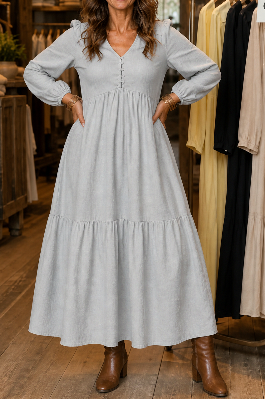 Tiered Long Sleeve Babydoll Maxi Dress