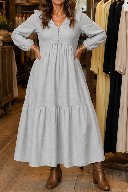 Tiered Long Sleeve Babydoll Maxi Dress