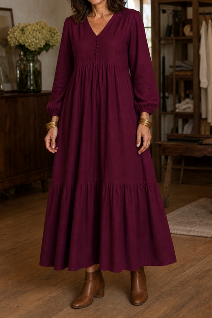 Tiered Long Sleeve Babydoll Maxi Dress