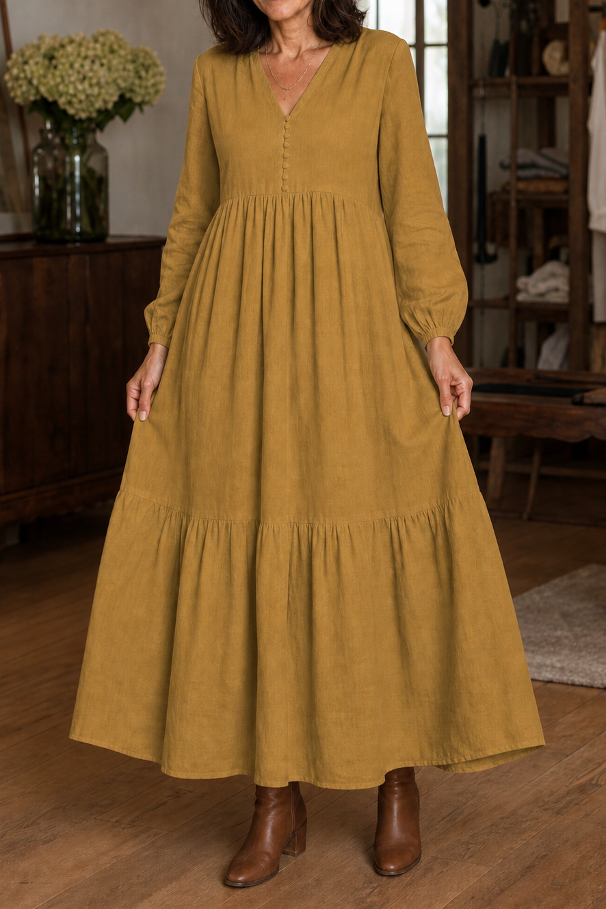 Tiered Long Sleeve Babydoll Maxi Dress