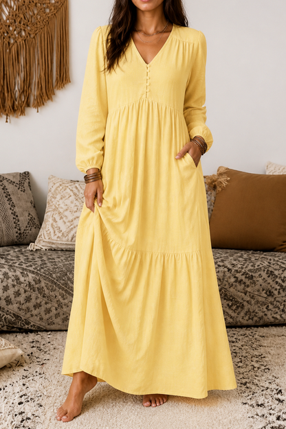Tiered Long Sleeve Babydoll Maxi Dress