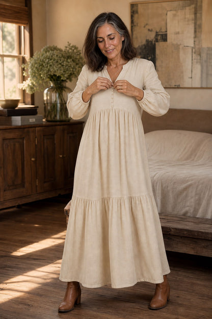Tiered Long Sleeve Babydoll Maxi Dress