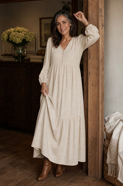 Tiered Long Sleeve Babydoll Maxi Dress
