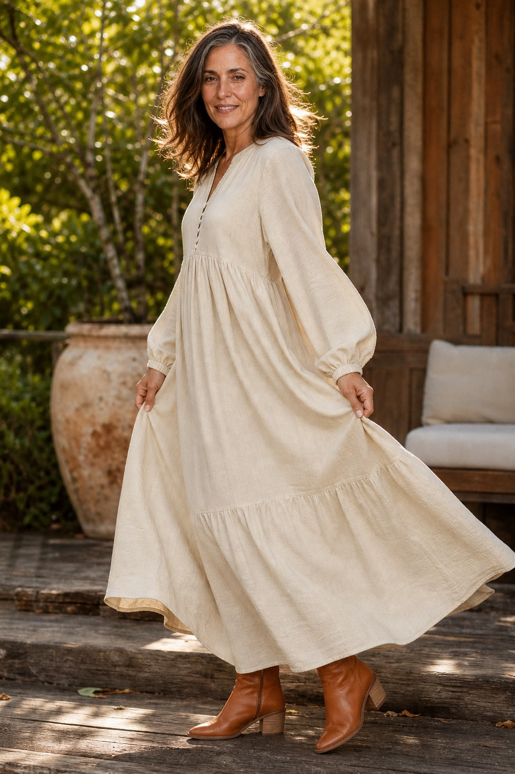 Tiered Long Sleeve Babydoll Maxi Dress