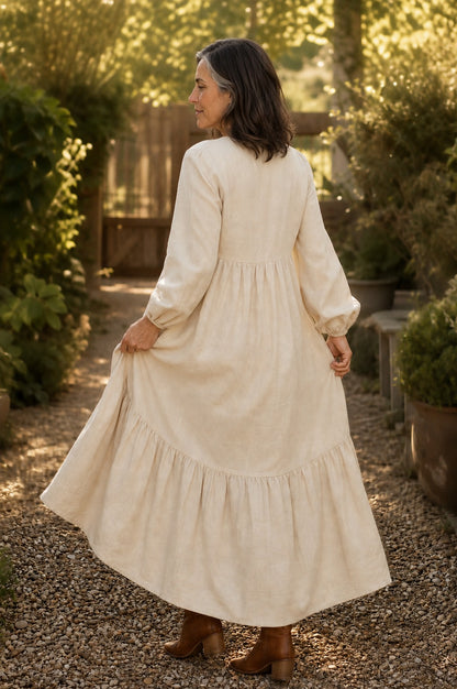 Tiered Long Sleeve Babydoll Maxi Dress