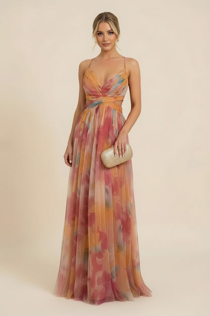 Tulle Watercolor Cutout Maxi Dress