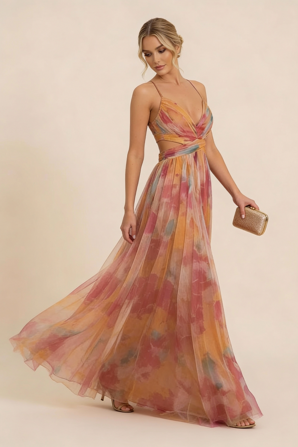 Tulle Watercolor Cutout Maxi Dress