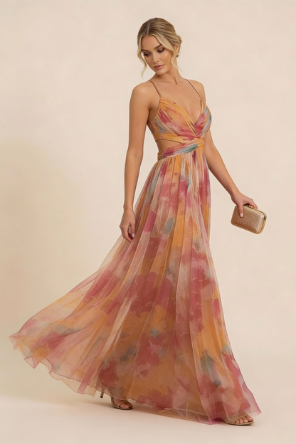 Tulle Watercolor Cutout Maxi Dress