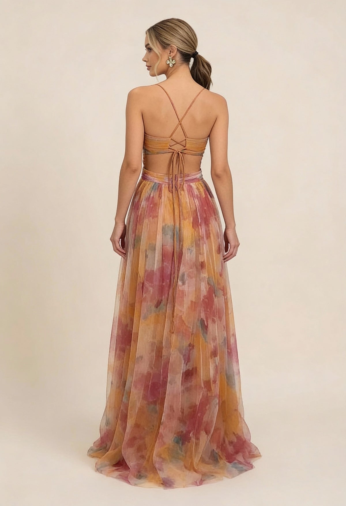 Tulle Watercolor Cutout Maxi Dress