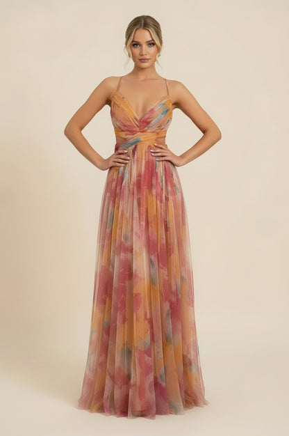 Tulle Watercolor Cutout Maxi Dress