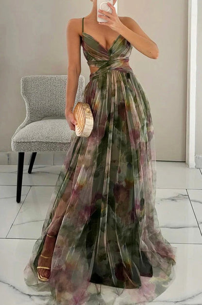 Tulle Watercolor Cutout Maxi Dress