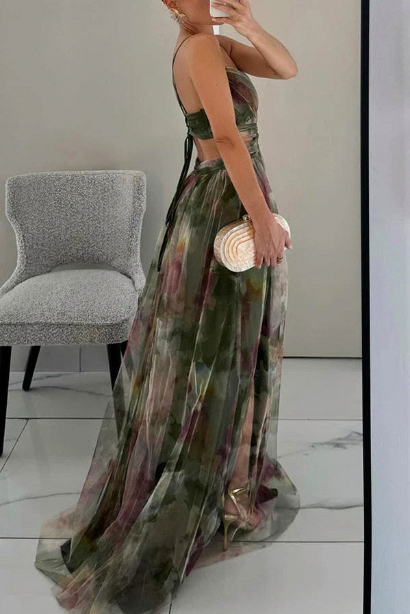 Tulle Watercolor Cutout Maxi Dress
