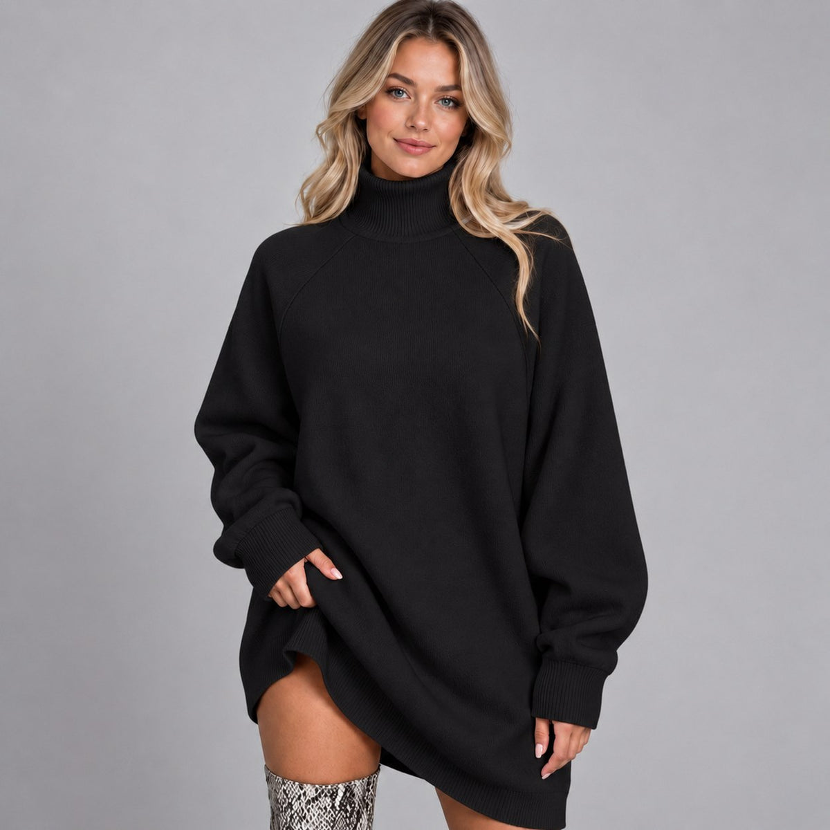 Long Sleeve Turtleneck Oversized Mini Sweater Dress