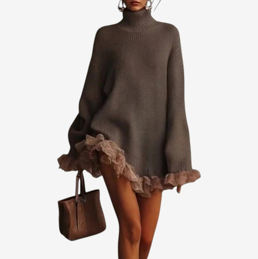 Turtleneck Ruffle Trim Sweater Dress