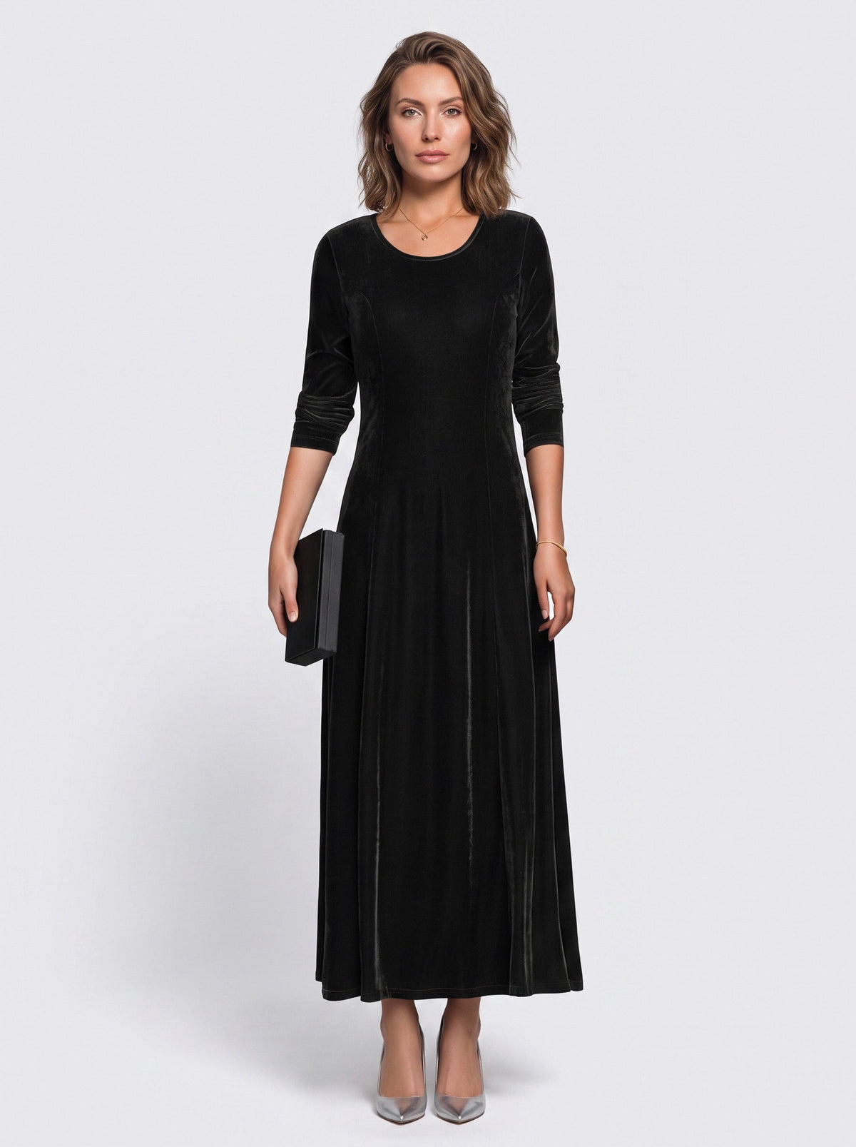 Velvet 3/4 Sleeve A-Line Maxi Dress