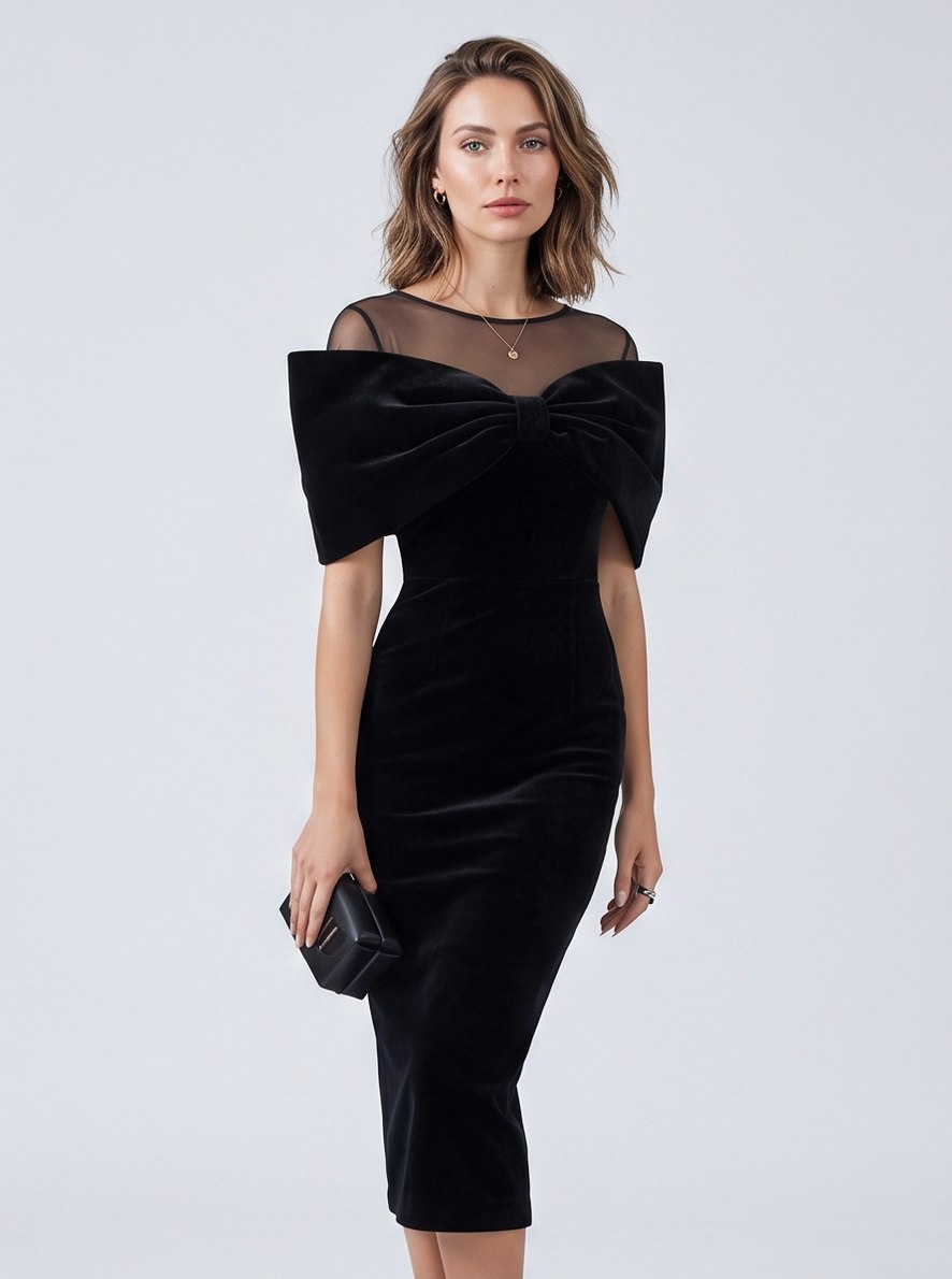 Velvet Bow Illusion Midi Dress