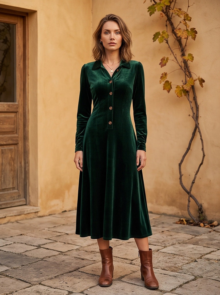 Velvet Collared Long Sleeve Midi Dress