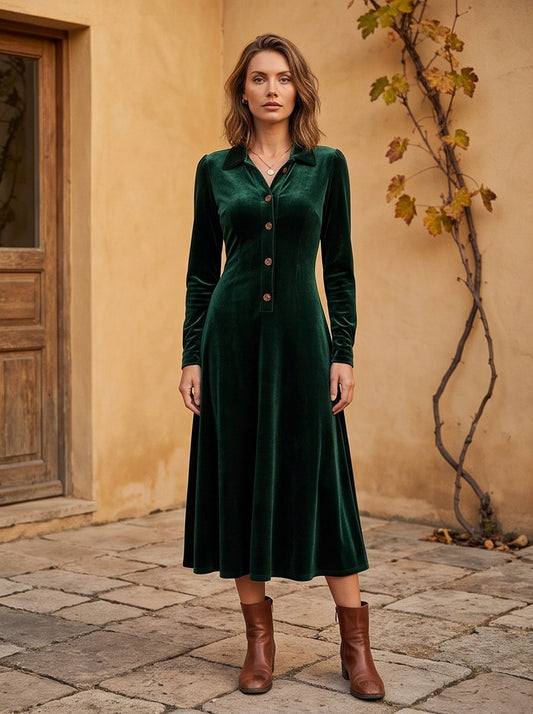 Velvet Collared Long Sleeve Midi Dress