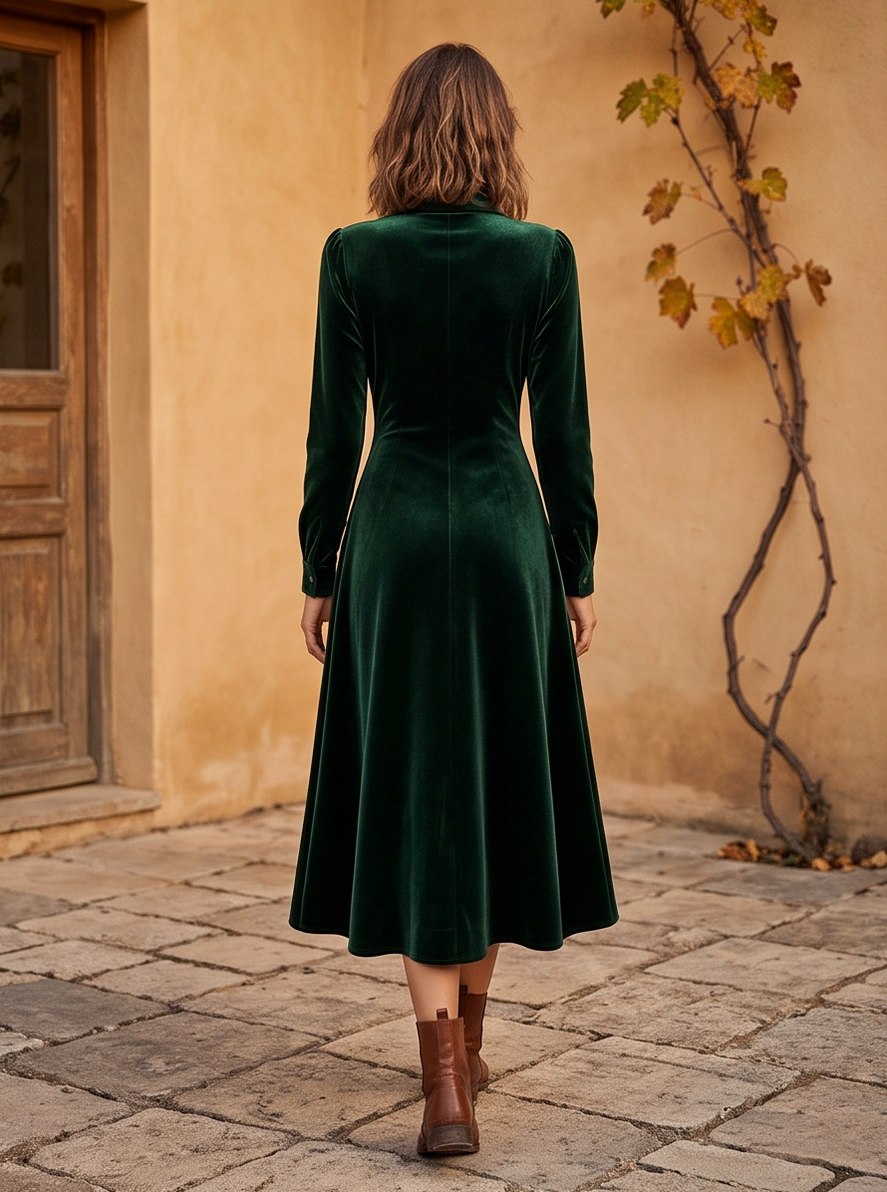 Velvet Collared Long Sleeve Midi Dress