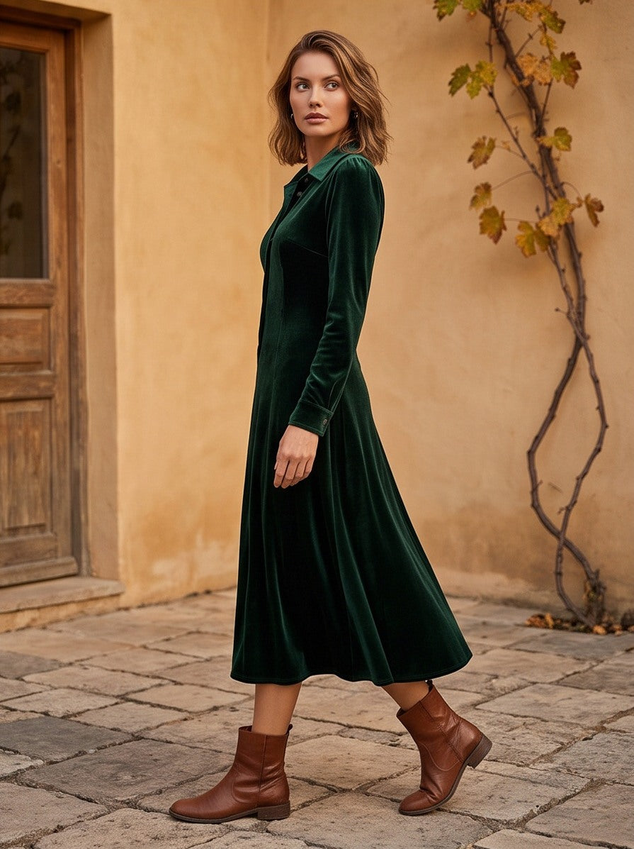 Velvet Collared Long Sleeve Midi Dress