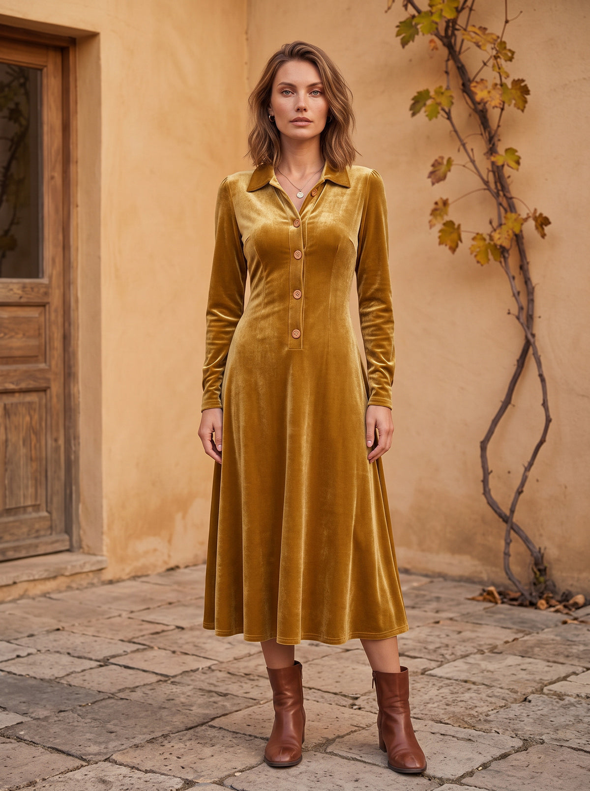 Velvet Collared Long Sleeve Midi Dress
