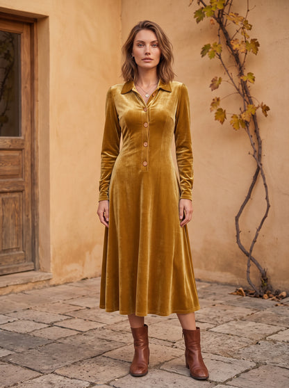 Velvet Collared Long Sleeve Midi Dress