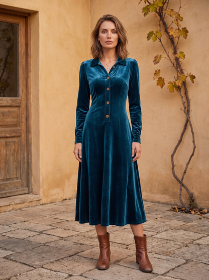 Velvet Collared Long Sleeve Midi Dress