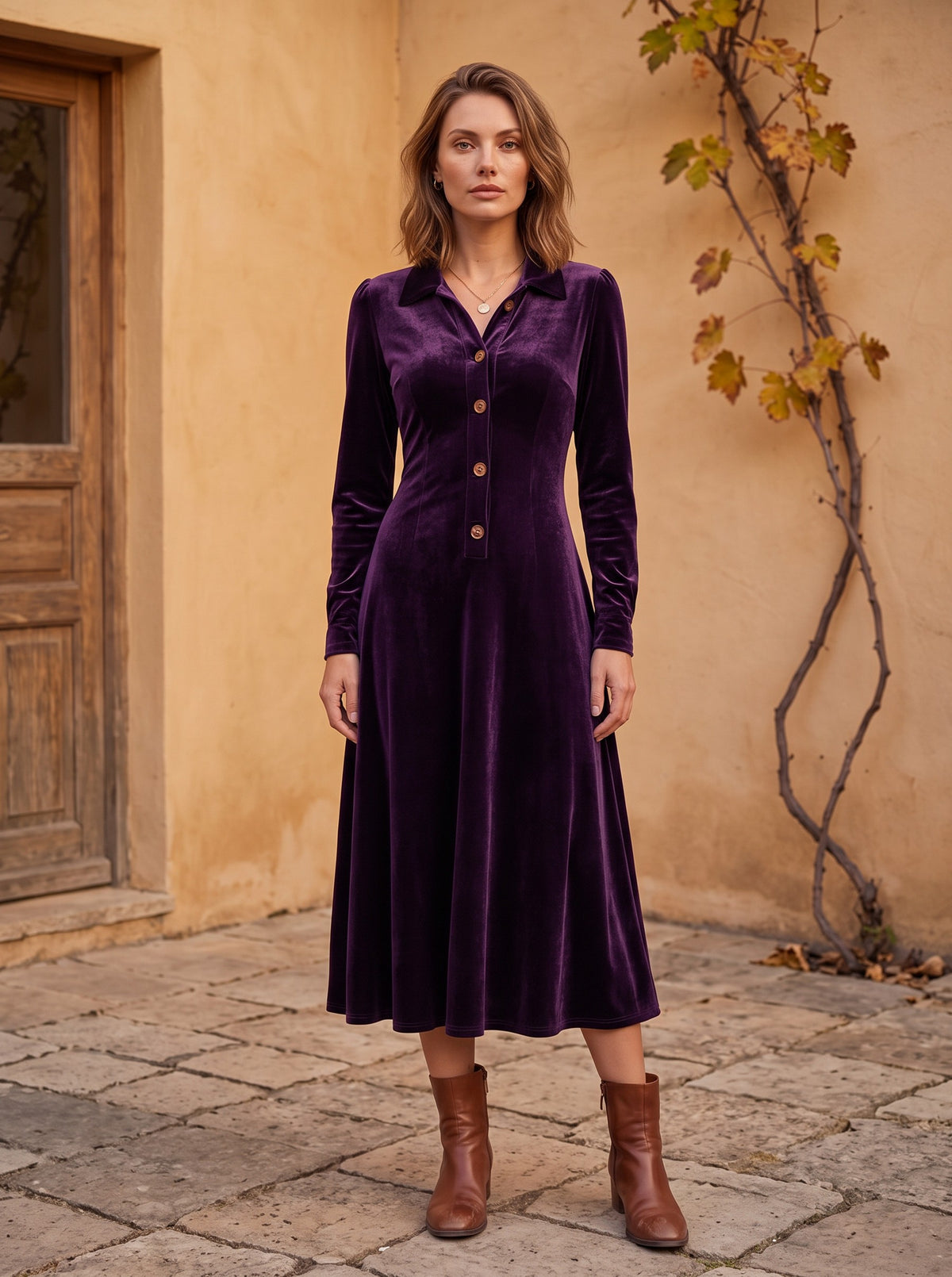 Velvet Collared Long Sleeve Midi Dress