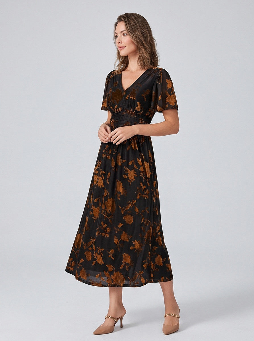 Velvet Floral Ruched Midi Dress