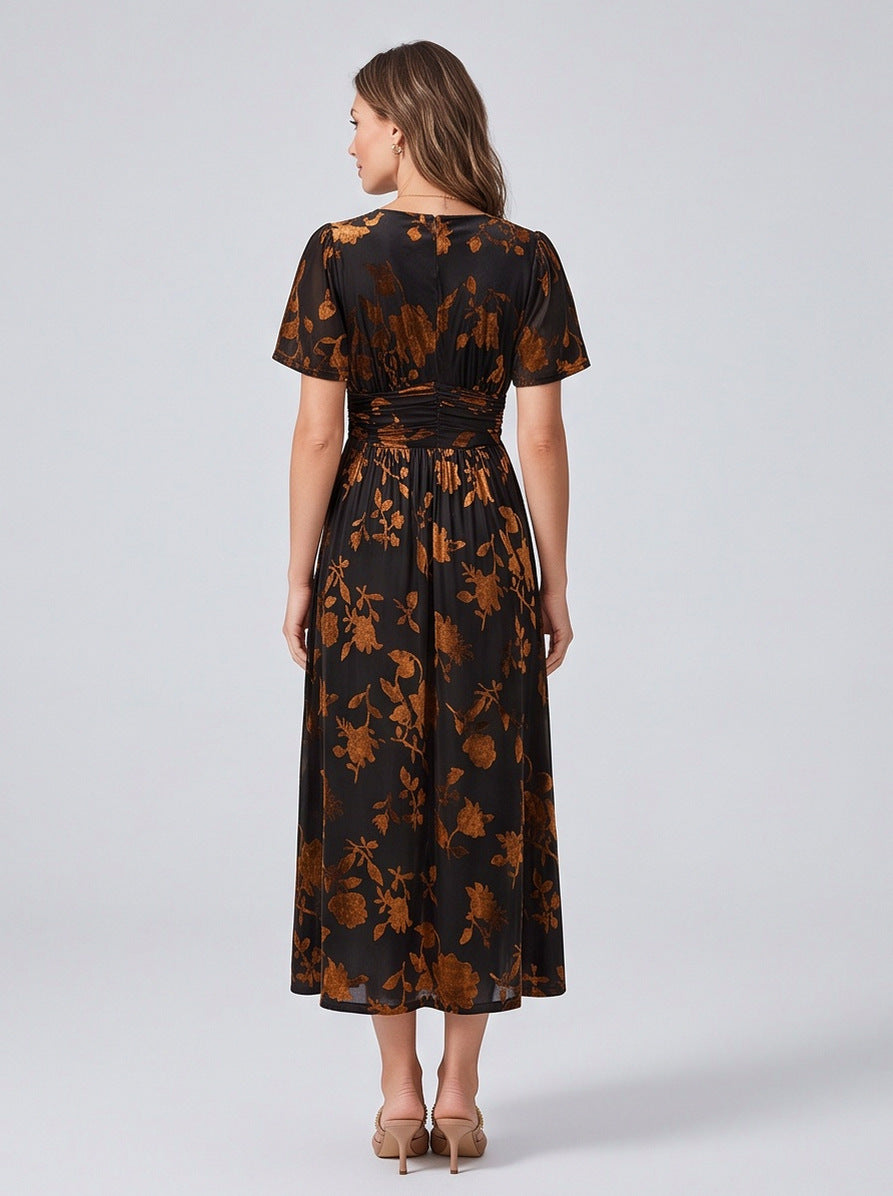 Velvet Floral Ruched Midi Dress