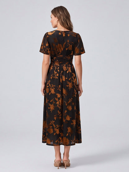 Velvet Floral Ruched Midi Dress